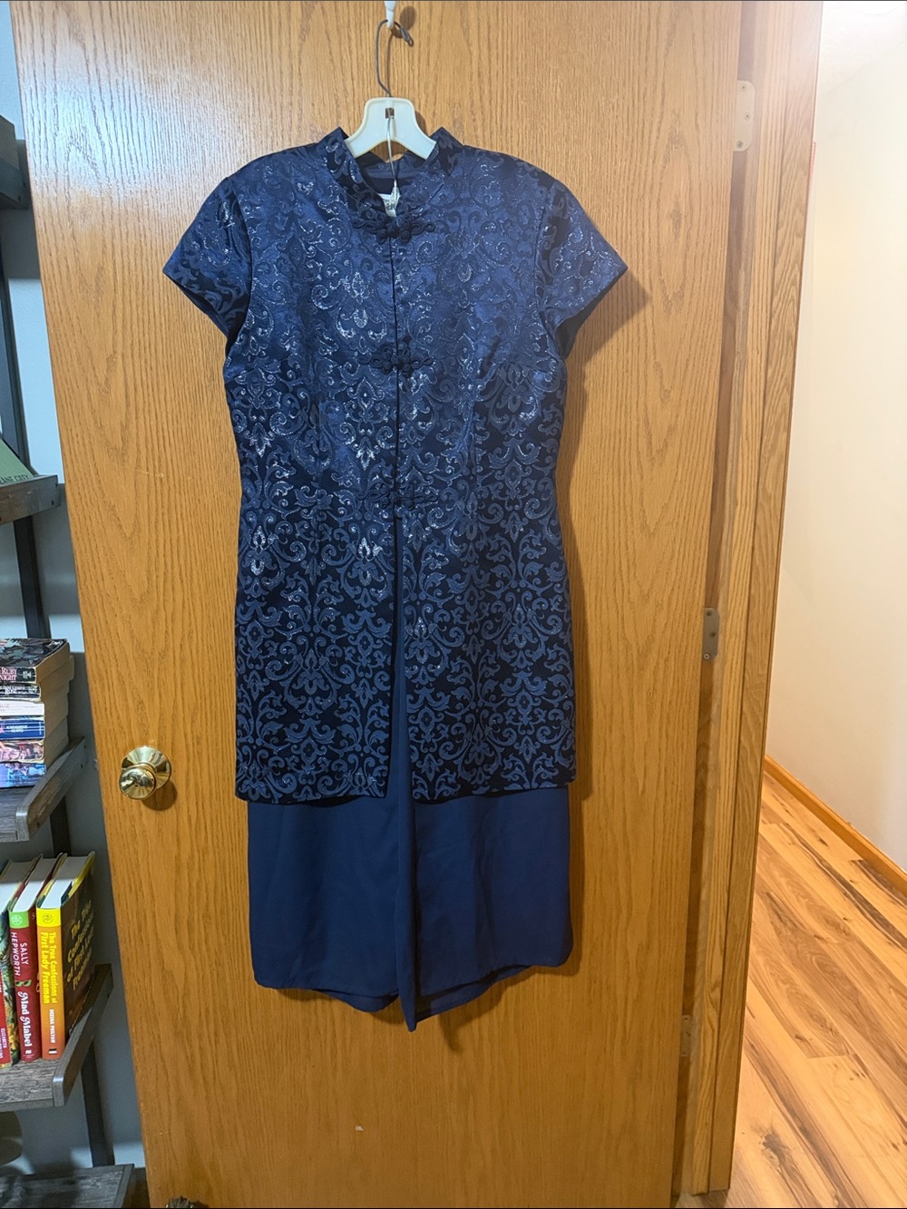 Cache Navy Brocade Wide Leg Jumpsuit